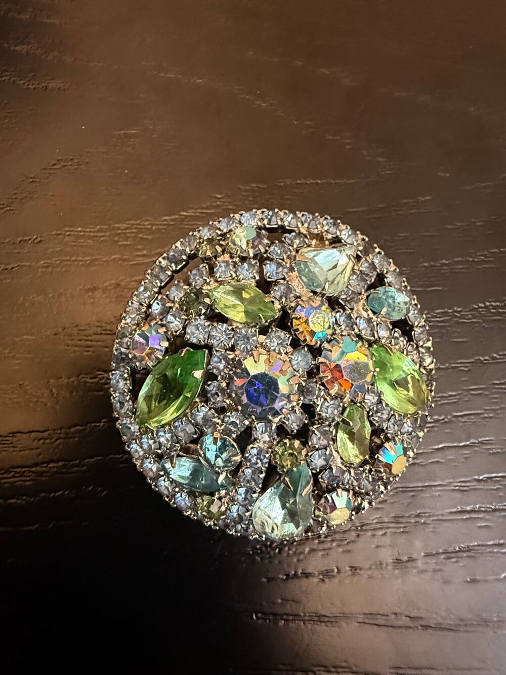 Vintage Blue & Green Rhinestone Dome Brooch – Silver Tone Statement Pin